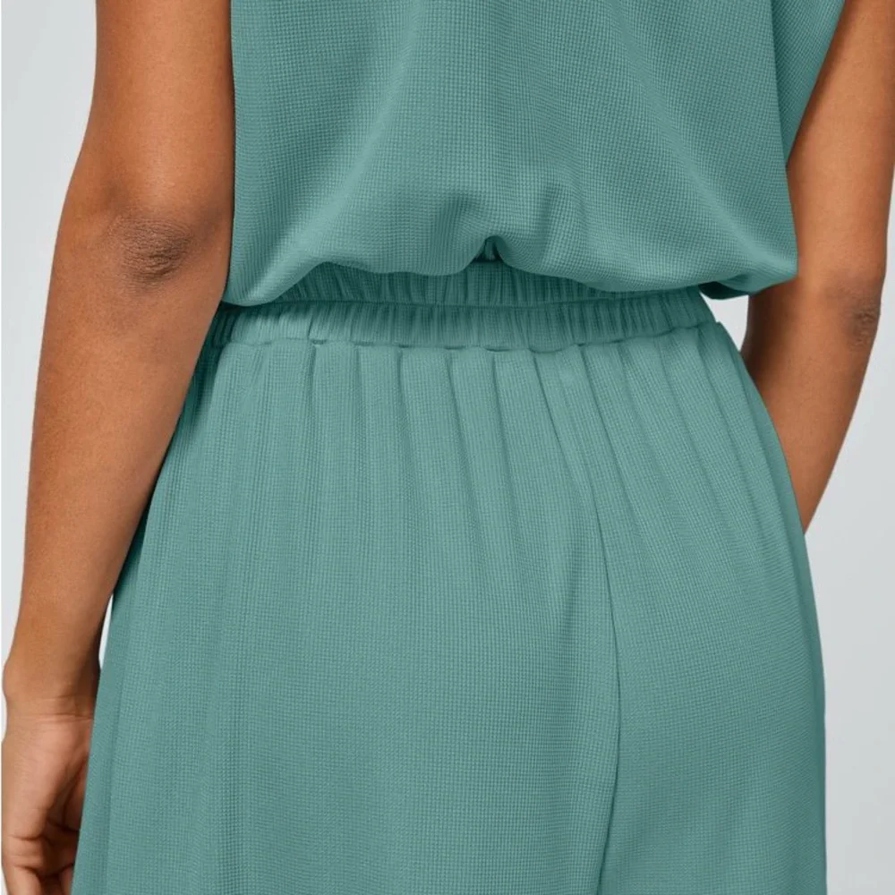 V Neck Short Sleeve Side Pocket Wide Leg Flowy Waffle Casual Jumpsuit Canton L - Picture 6 of 12